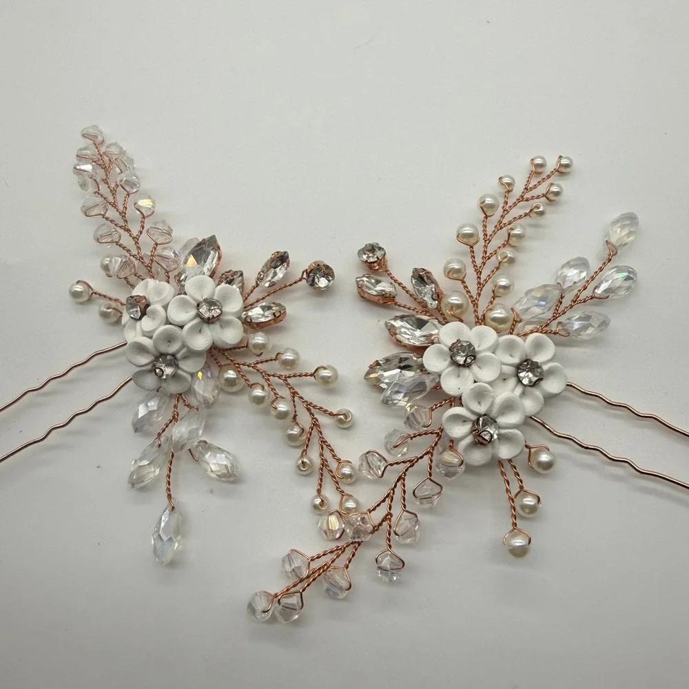 Bridal Flower Hair Pins Rose Gold Wedding Crystal Pearl Floral Hair‎ Clips Set 2